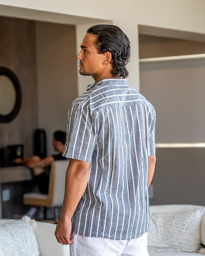Charles | Camicia in Lino a Righe da Uomo con Collo alla Coreana