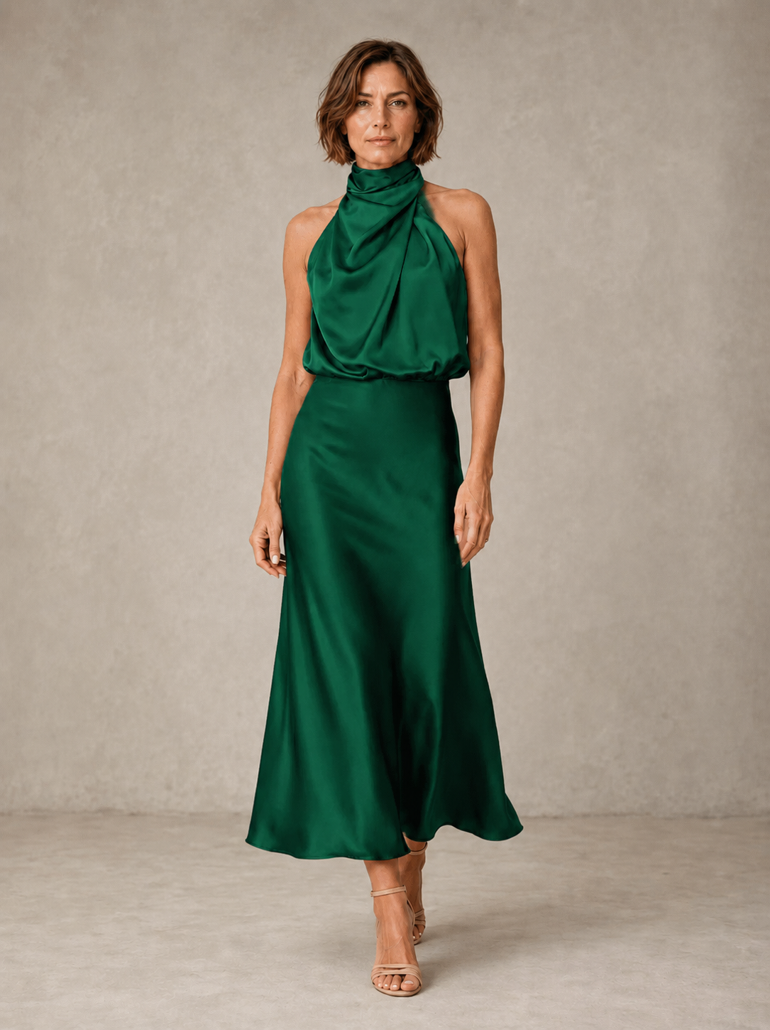 Sabine | Abito Midi in Raso Verde Petrolio Drappeggiato con Collo all'Americana