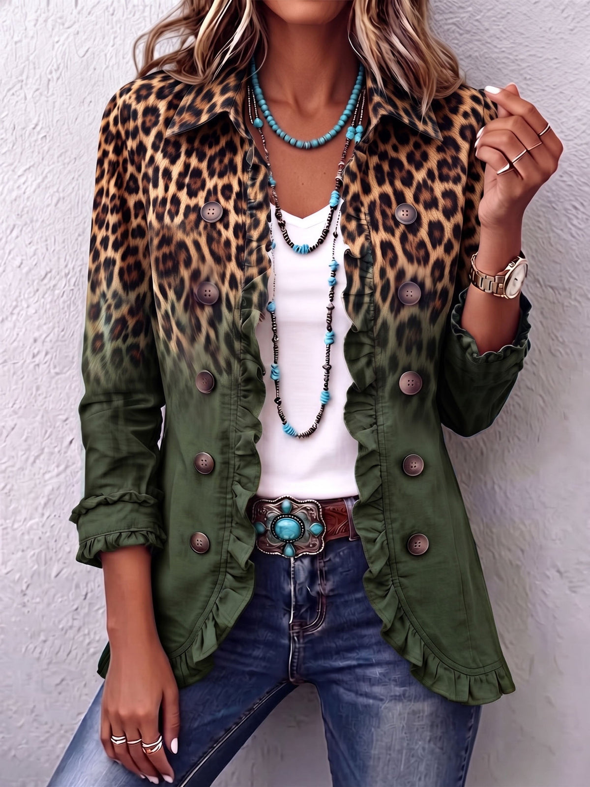 Ernestina | Giacca Blazer Leopardo Verde con Volant