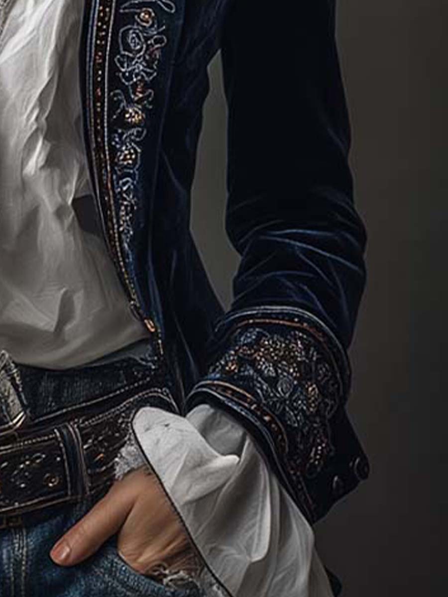 Adriana | Giacca Lunga Ricamata Vintage Blu Navy