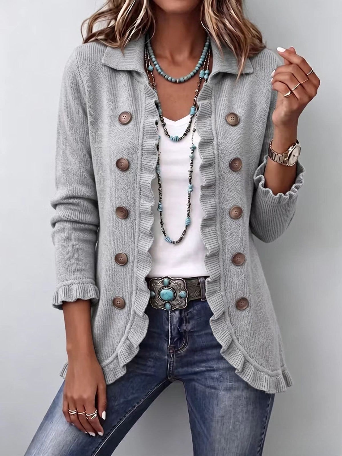 Obdulia | Giacca in maglia grigio melange con balze