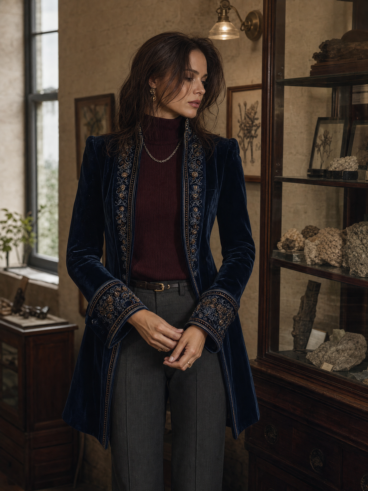 Giubbotto lungo vintage sartoriale blu navy in poliestere e velluto