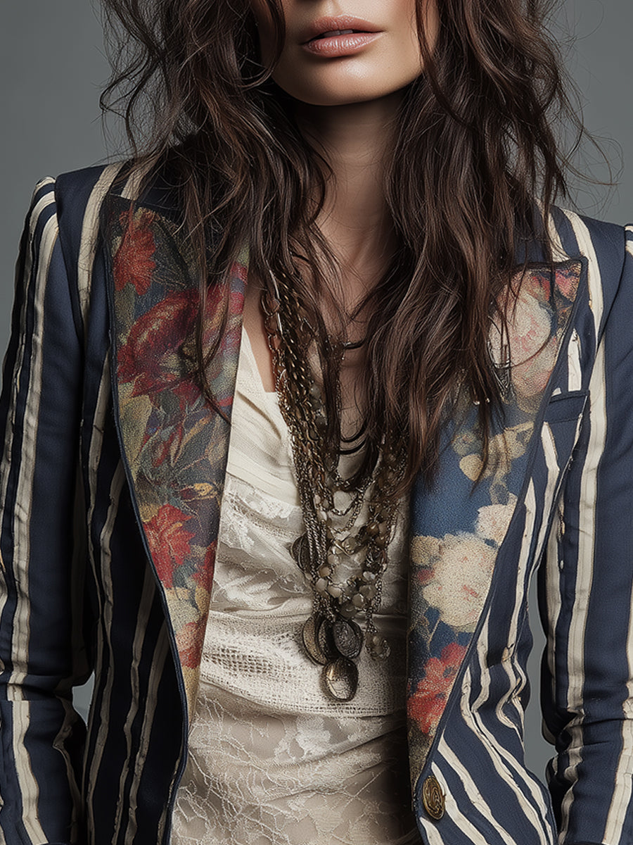 Blazer a righe con fiori in tessuto di cotone e lino