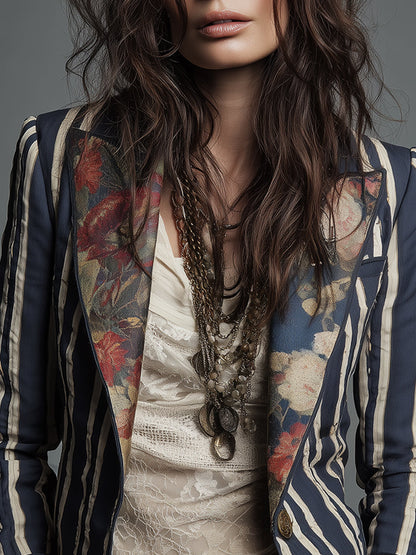 Blazer a righe con fiori in tessuto di cotone e lino