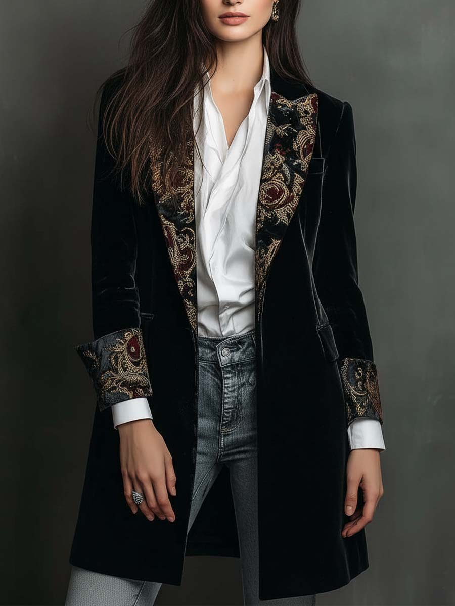 Léontine | Blazer Nero Slim Fit con Stampa Barocca