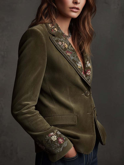 Blazer in velluto color oliva con ricamo floreale