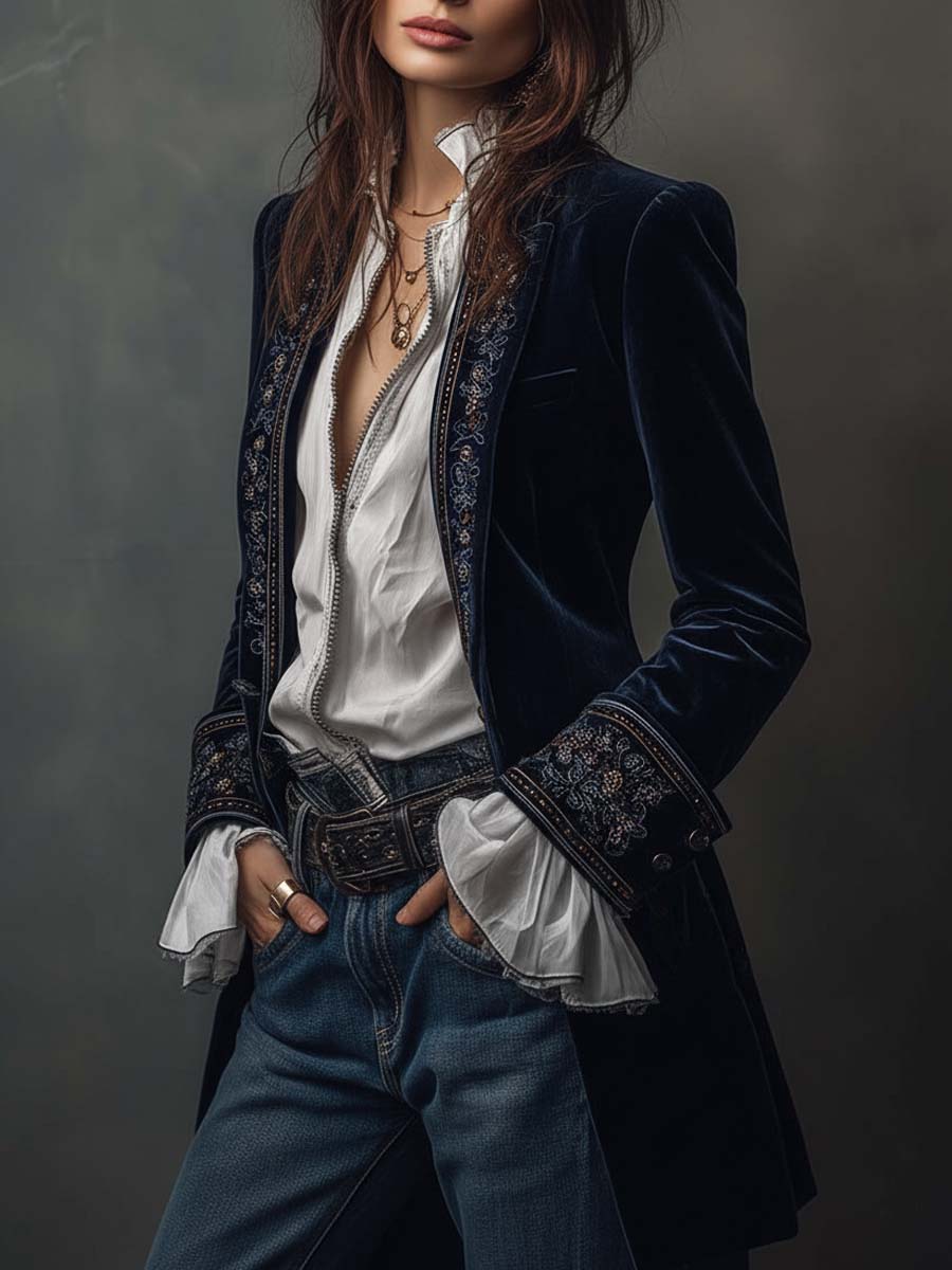 Giubbotto lungo vintage sartoriale blu navy in poliestere e velluto