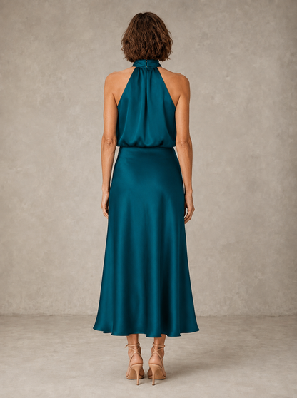 Sabine | Abito Midi in Raso Verde Petrolio Drappeggiato con Collo all'Americana