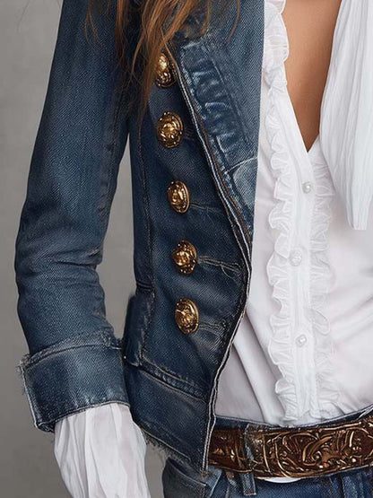 Giacca Western vintage doppiopetto in denim sfilacciato con bottoni dorati