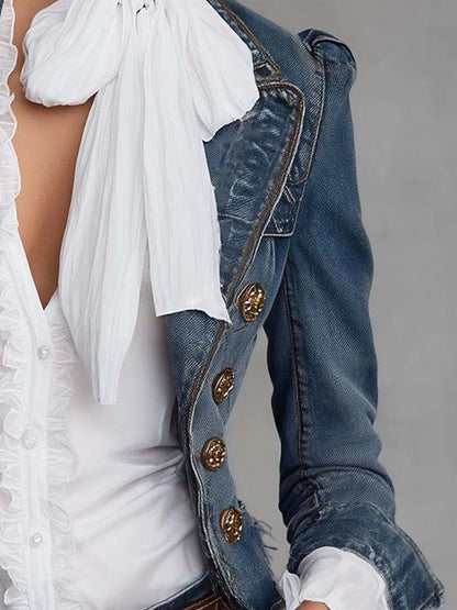Giacca Western vintage doppiopetto in denim sfilacciato con bottoni dorati