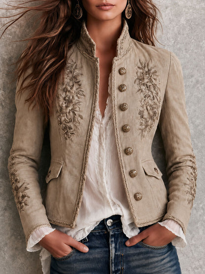 Cardigan retrò beige con collo alla coreana e motivo floreale