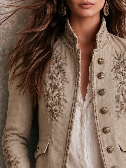 Cardigan retrò beige con collo alla coreana e motivo floreale