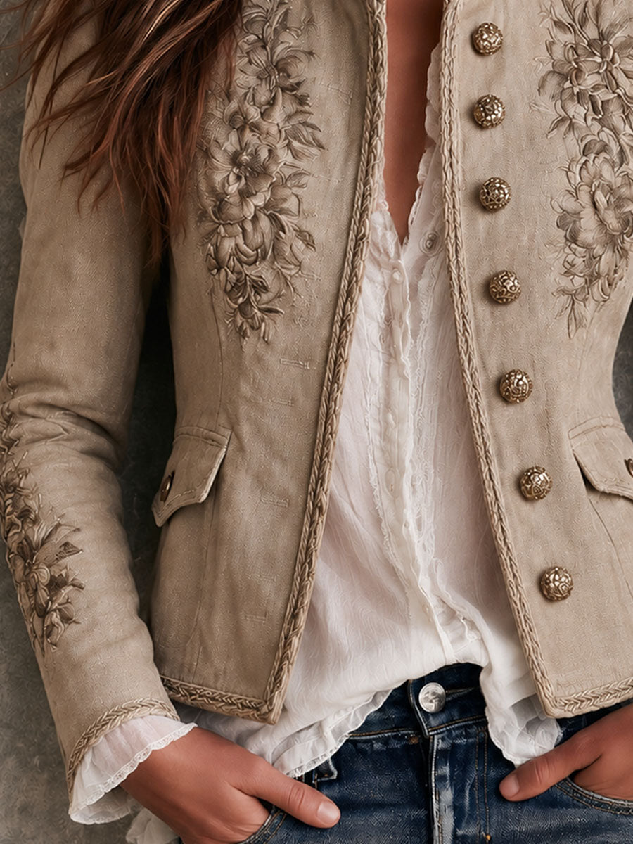 Cardigan retrò beige con collo alla coreana e motivo floreale