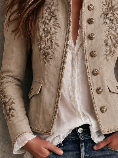 Cardigan retrò beige con collo alla coreana e motivo floreale
