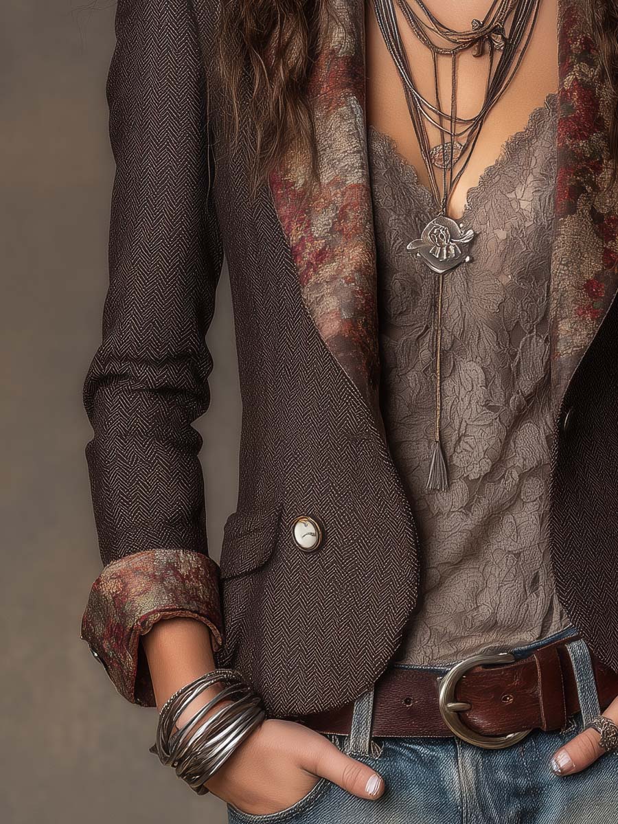 Giacca vintage spigata con motivo floreale