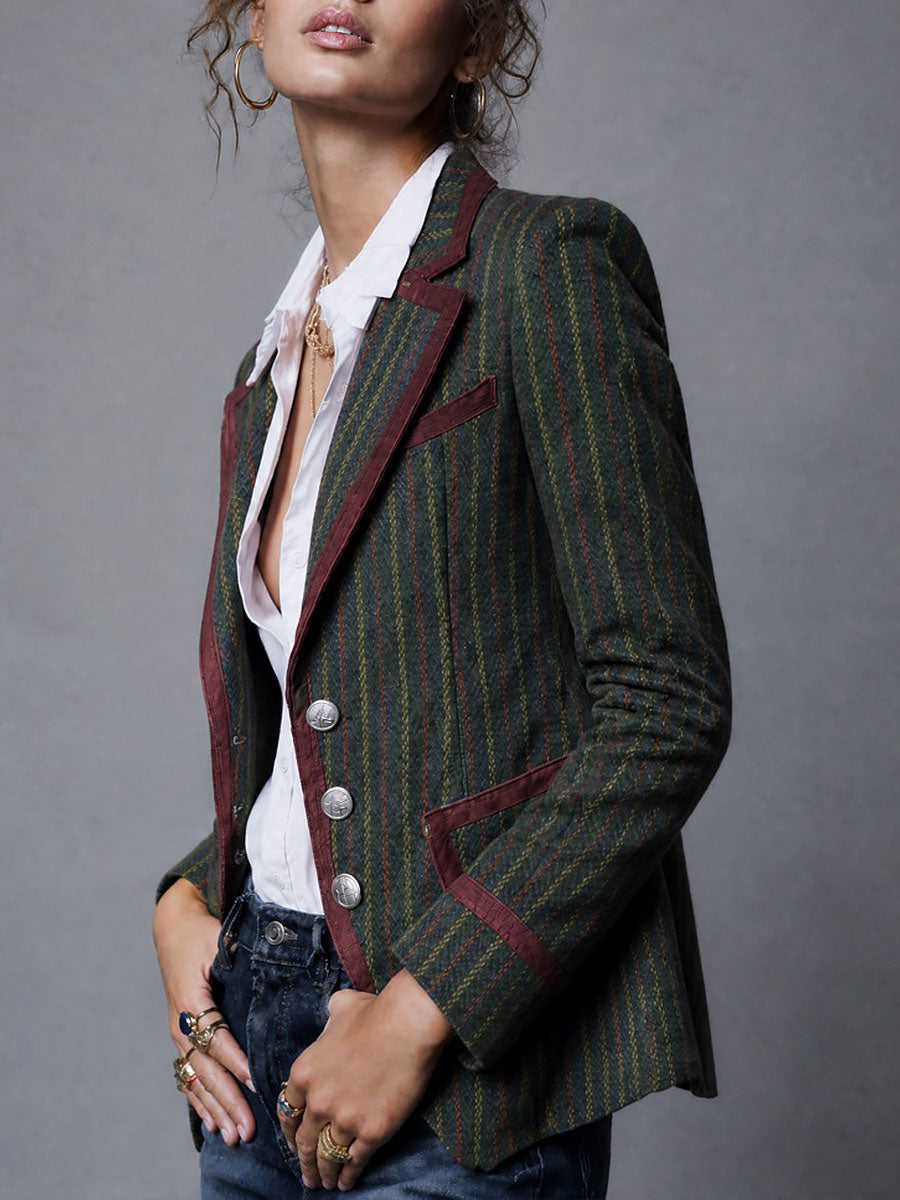 Blazer retrò a righe in lana con rifinitura a contrasto
