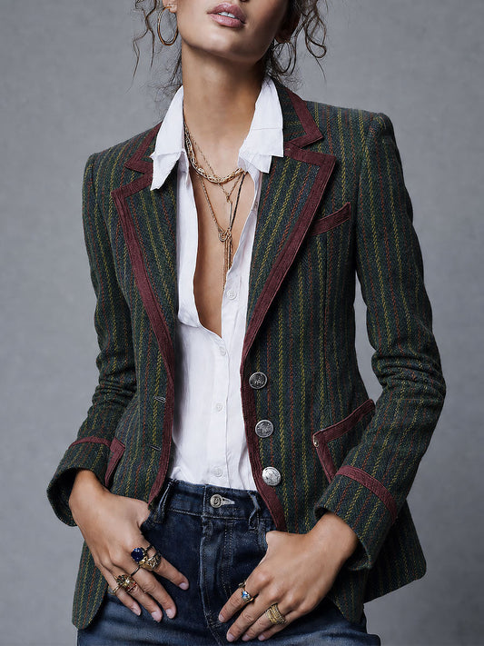 Blazer retrò a righe in lana con rifinitura a contrasto