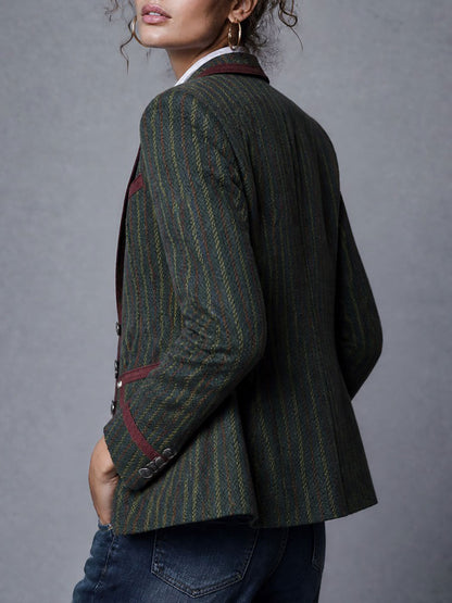 Blazer retrò a righe in lana con rifinitura a contrasto