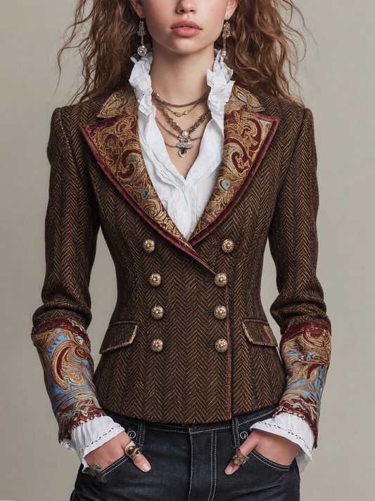 Classica giacca doppiopetto in tweed spigato vintage con motivo barocco