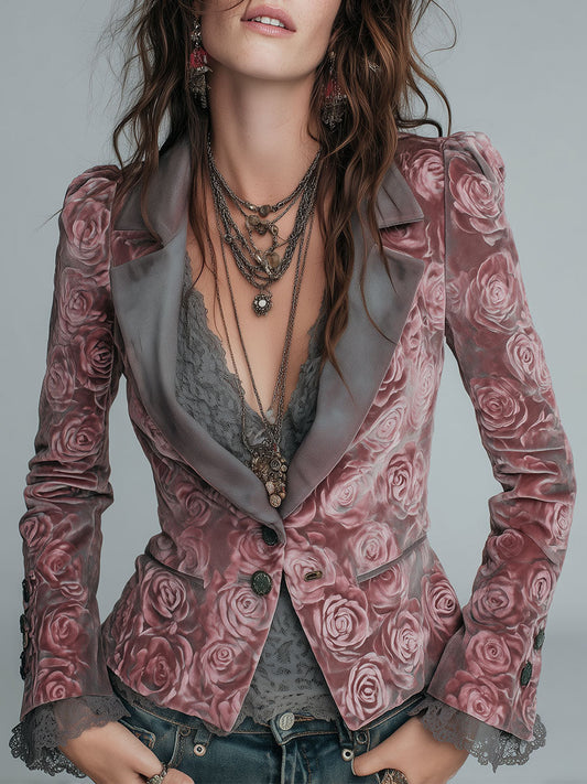 Elegante giacca slim fit in velluto rosa