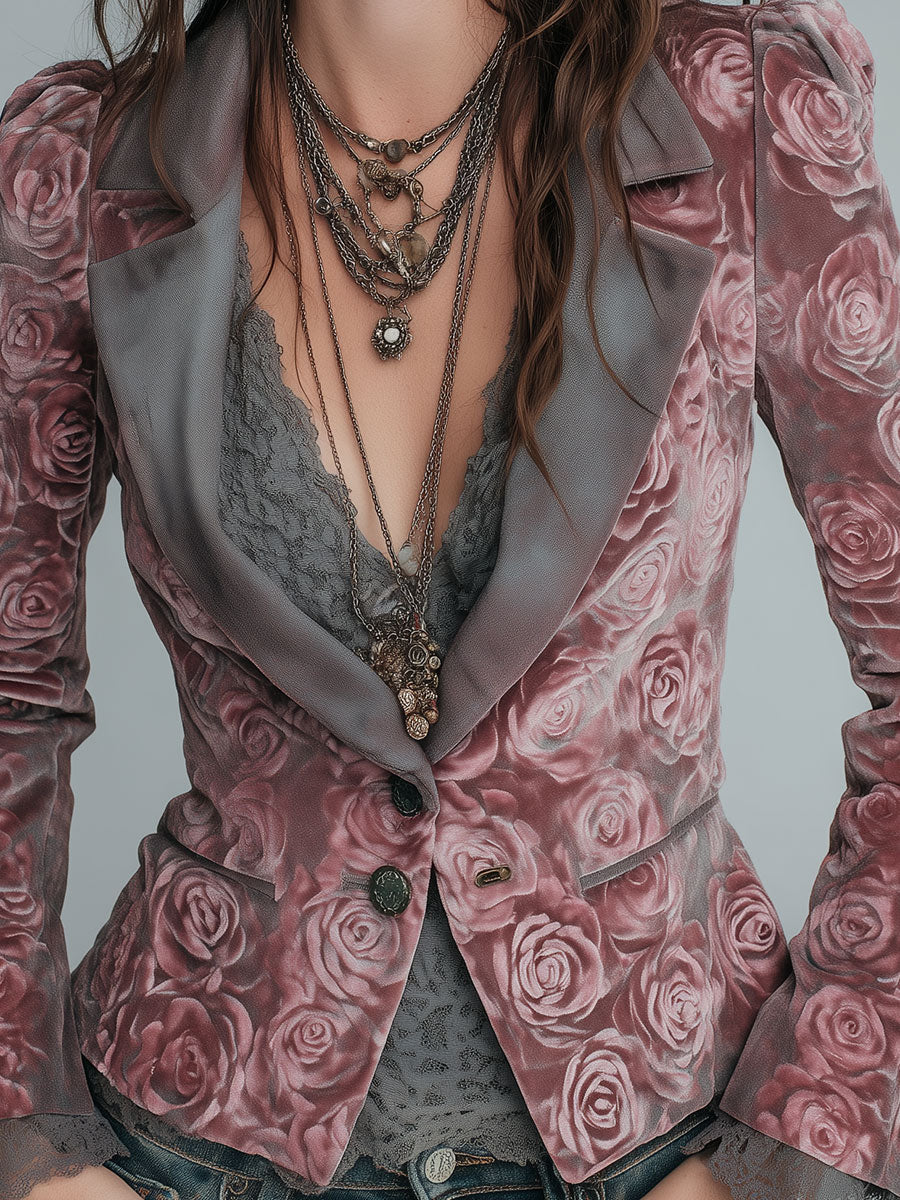 Elegante giacca slim fit in velluto rosa