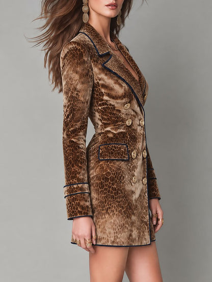 Blazer doppiopetto di lusso con patina leopardata e rifinitura a contrasto