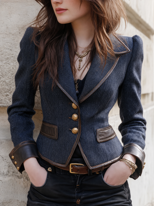 Blazer da donna in denim con dettagli in similpelle