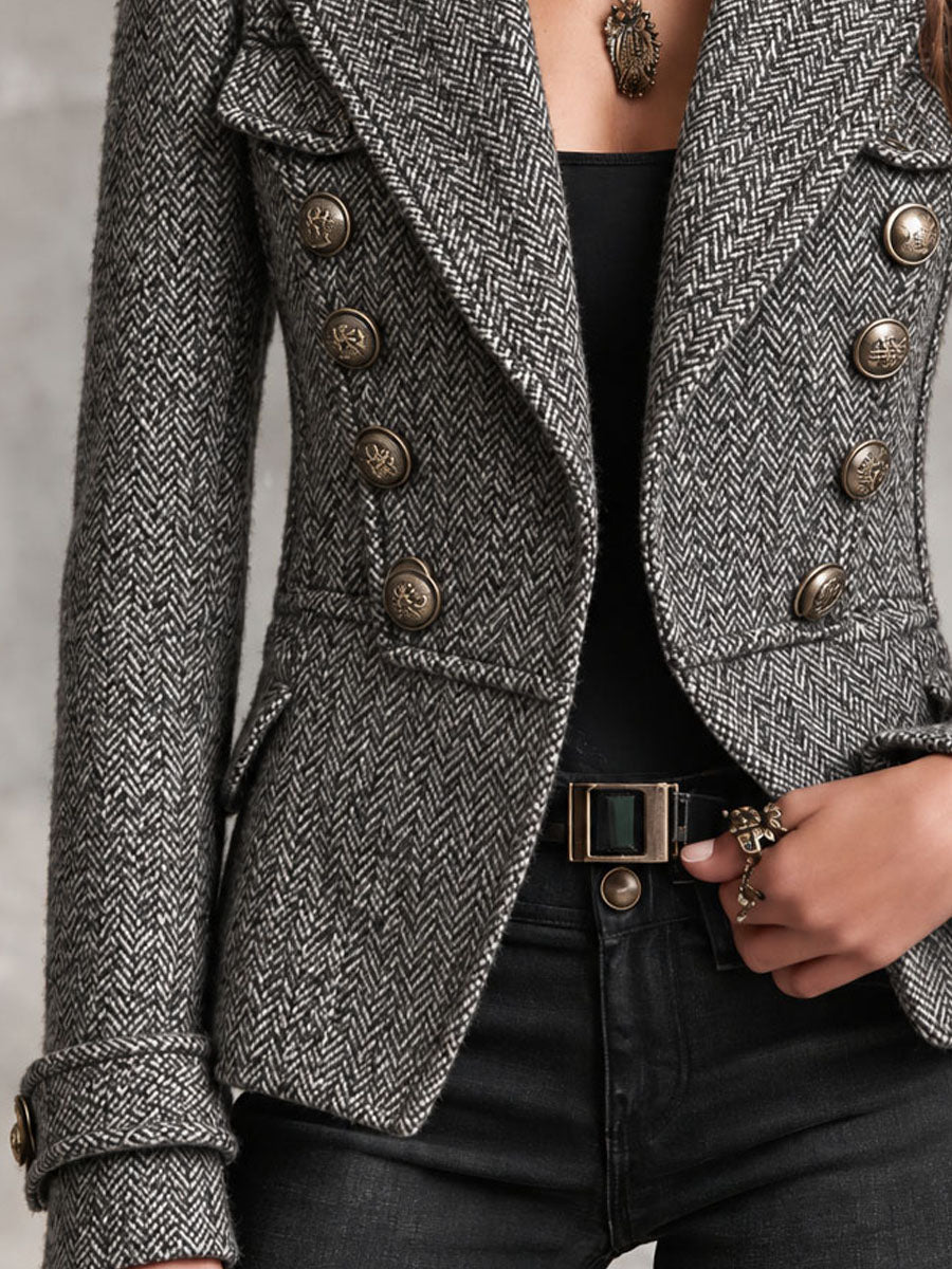 Giacca grigio salone in feltro di stile militare con doppio bottone color rame