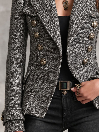 Giacca grigio salone in feltro di stile militare con doppio bottone color rame