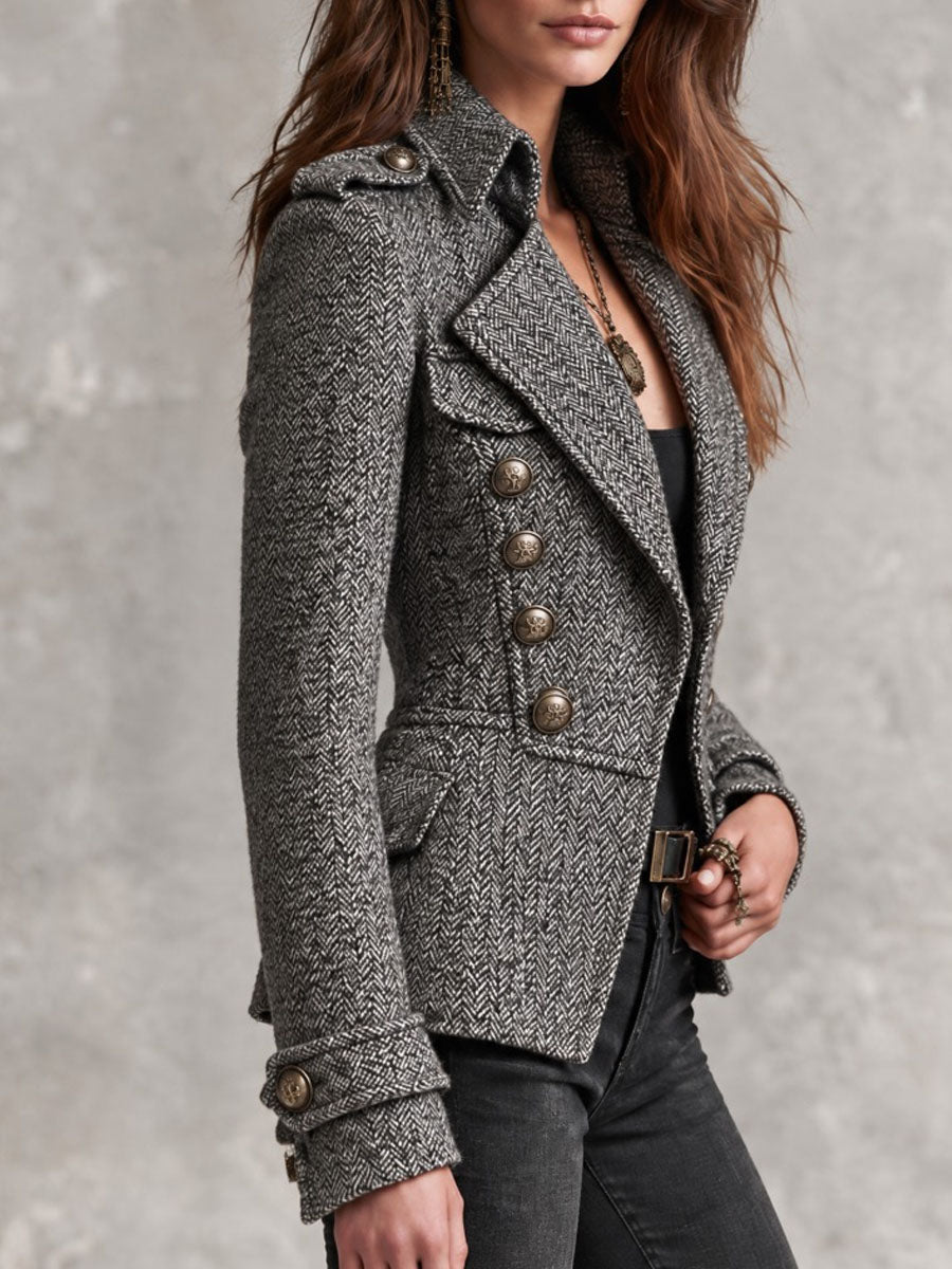 Giacca grigio salone in feltro di stile militare con doppio bottone color rame