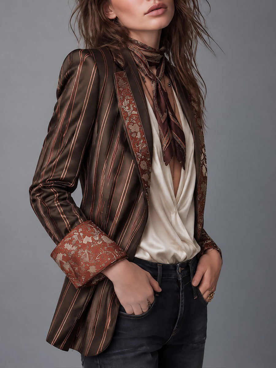 Blazer retrò in raso a righe con rifinitura in broccato floreale