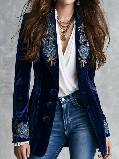 Blazer retrò blu navy in velluto con ricamo floreale dorato