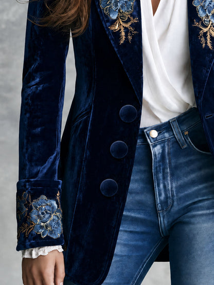Blazer retrò blu navy in velluto con ricamo floreale dorato