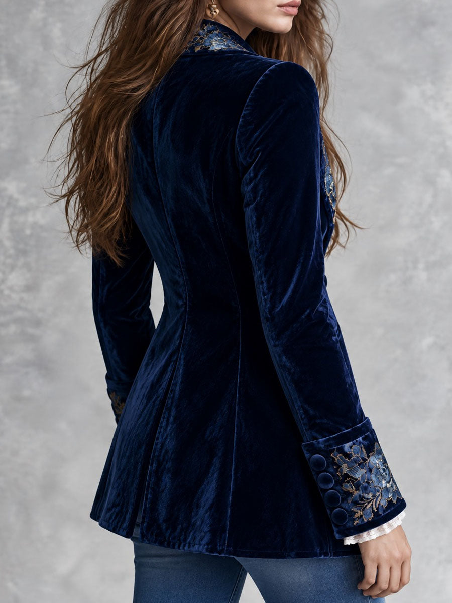 Blazer retrò blu navy in velluto con ricamo floreale dorato