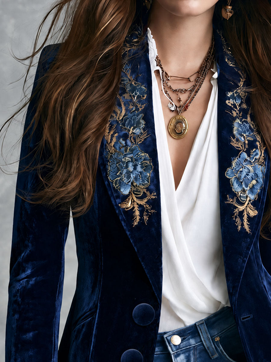 Blazer retrò blu navy in velluto con ricamo floreale dorato