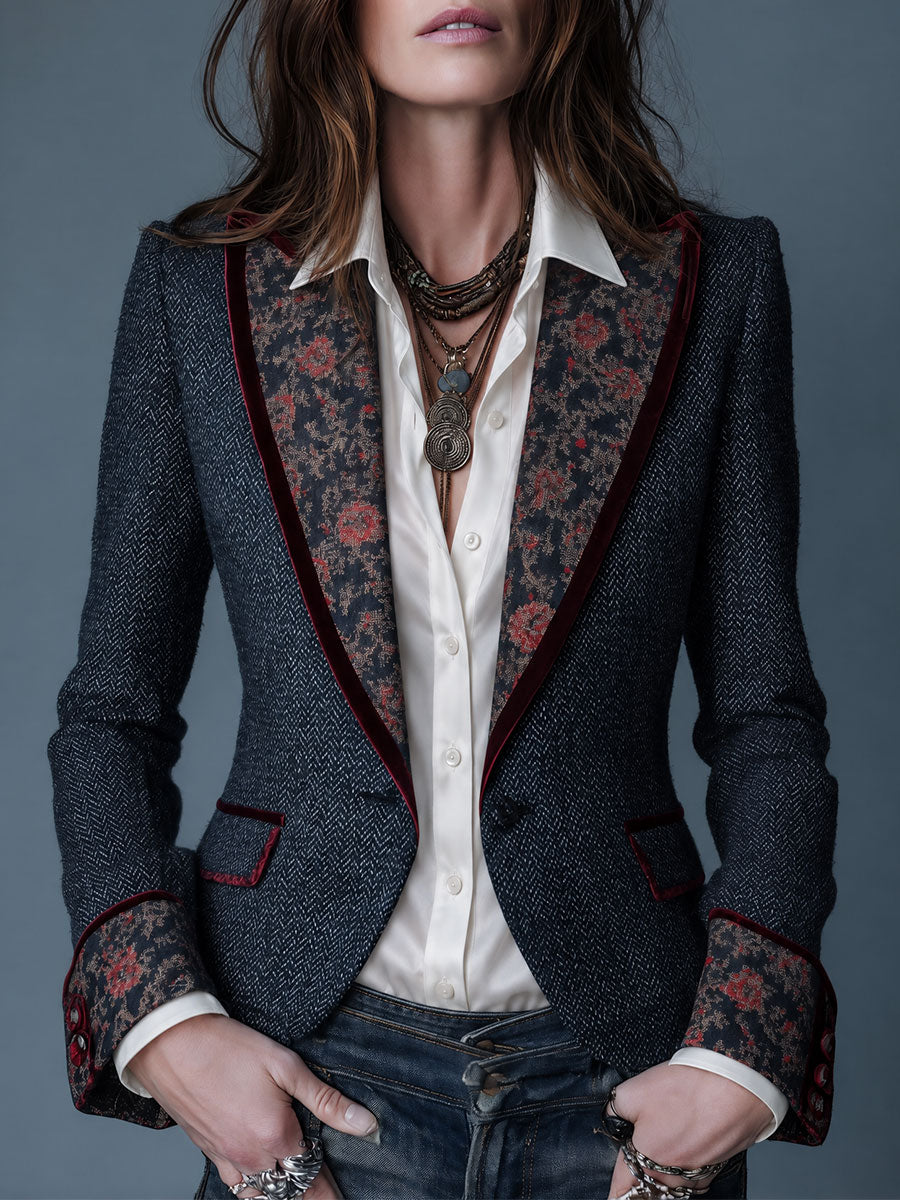 Blazer retrò in denim con motivo tappeto e polsino in velluto floreale