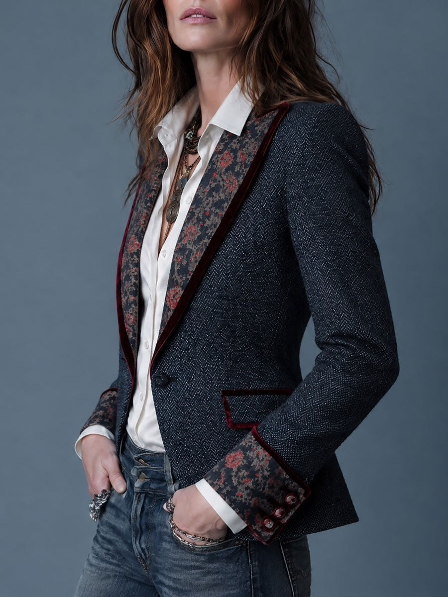 Blazer retrò in denim con motivo tappeto e polsino in velluto floreale