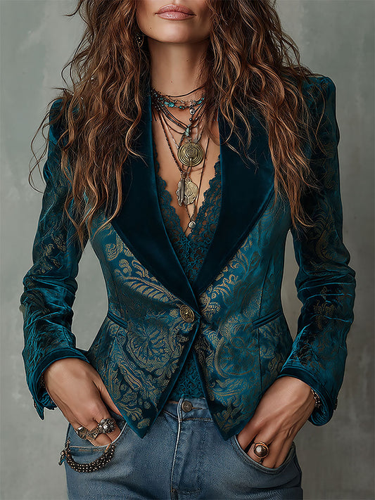 Blazer retrò turchese e oro con revers in raso