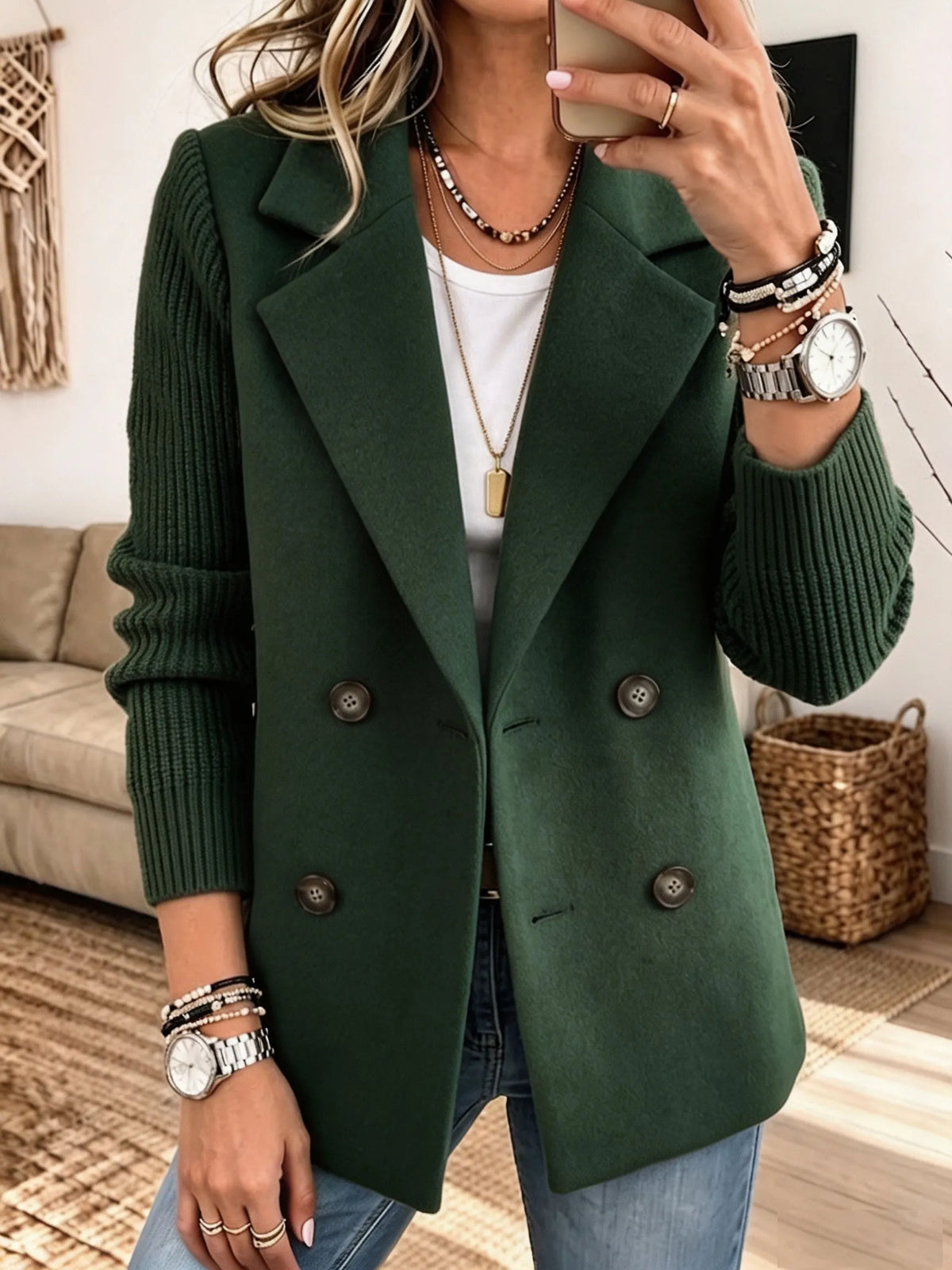 Carmela | Blazer Doppiopetto con Maniche in Maglia a Coste