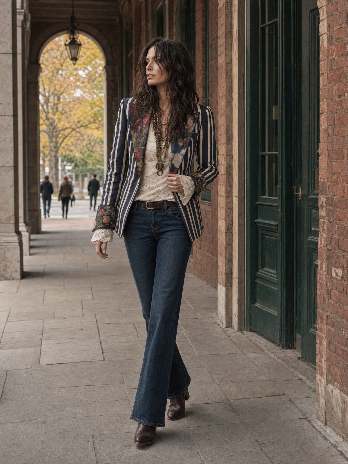 Blazer a righe con fiori in tessuto di cotone e lino