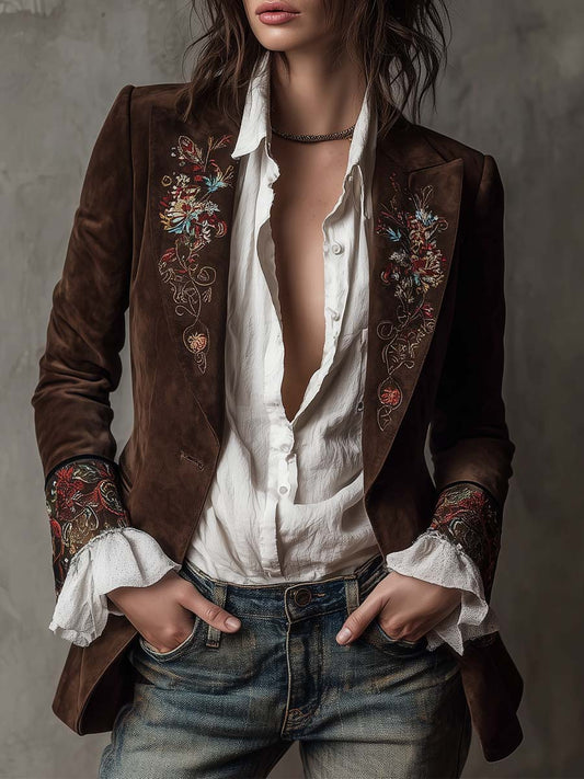 Giacca vintage in pelle marrone con elementi ricamati