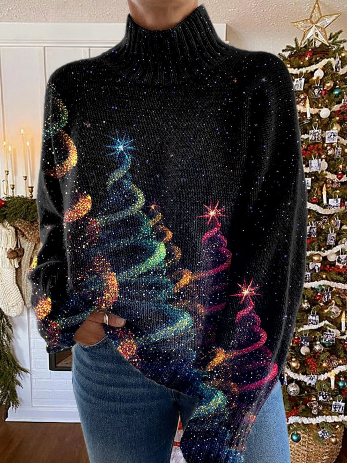 Olivia | Maglione a Collo Alto con Albero di Natale Glitterato