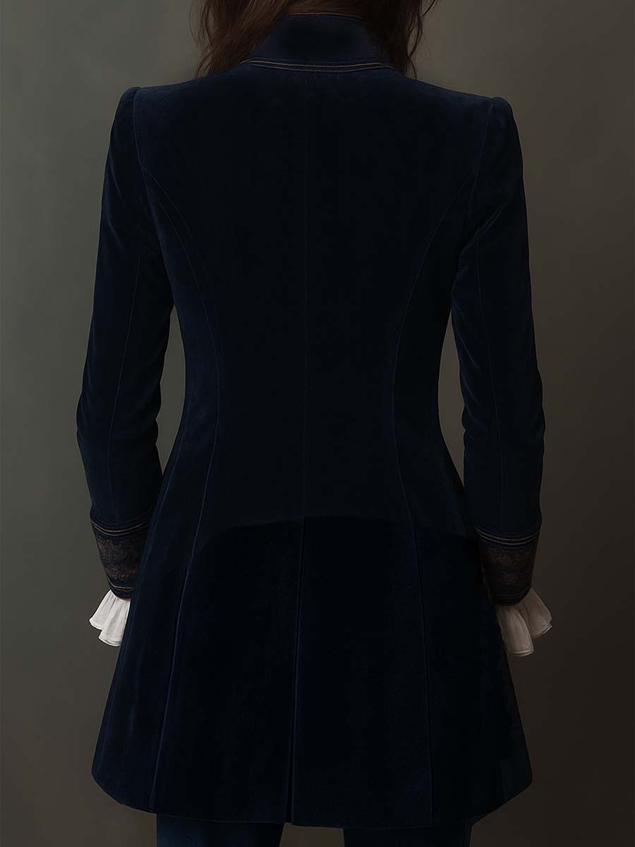 Giubbotto lungo vintage sartoriale blu navy in poliestere e velluto