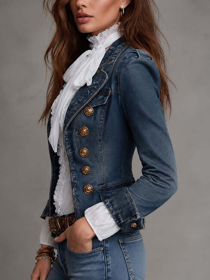 Giacca Western vintage doppiopetto in denim sfilacciato con bottoni dorati