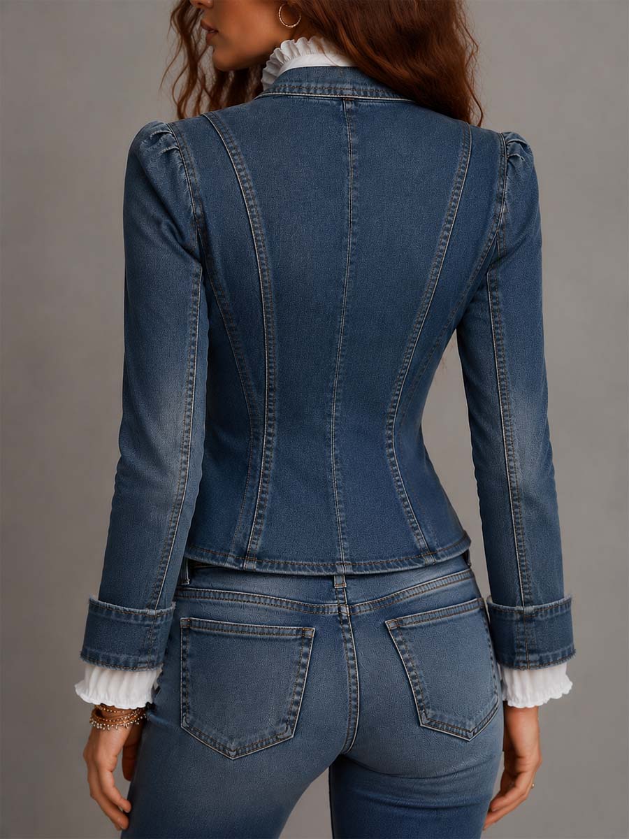 Giacca Western vintage doppiopetto in denim sfilacciato con bottoni dorati