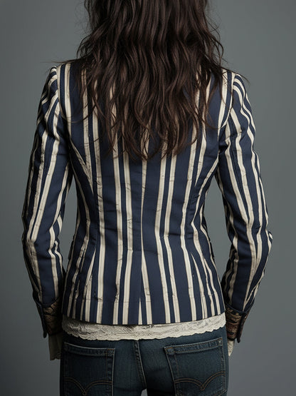 Blazer a righe con fiori in tessuto di cotone e lino