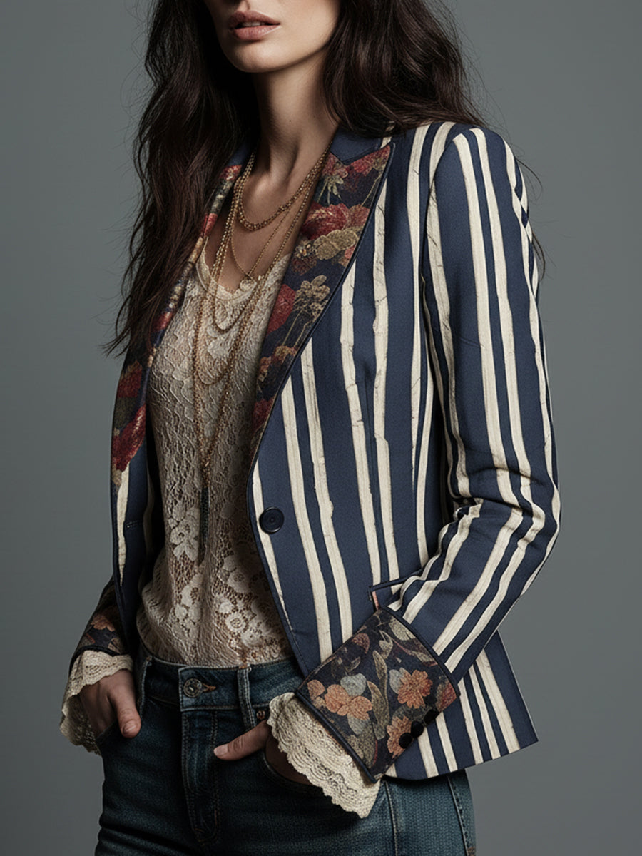 Blazer a righe con fiori in tessuto di cotone e lino