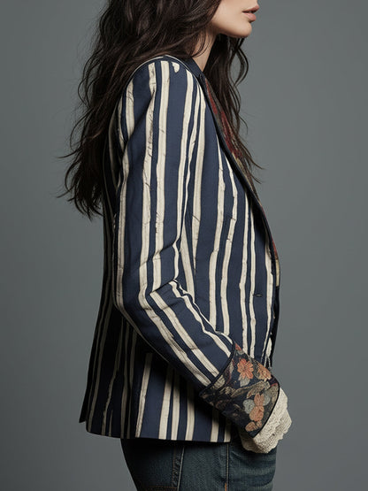 Blazer a righe con fiori in tessuto di cotone e lino