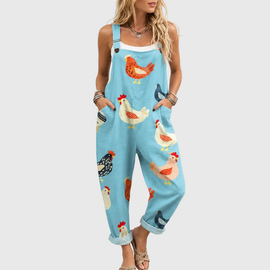 Tuta Blu Casual con Stampa Galline
