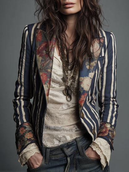Blazer a righe con fiori in tessuto di cotone e lino